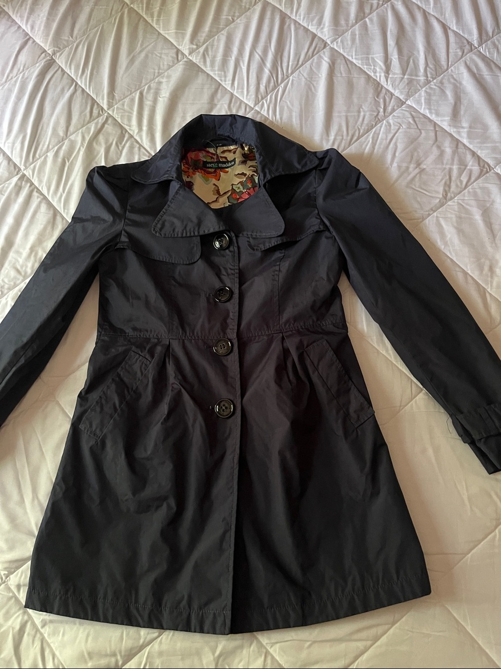 Navy Blue, Steve Madden Trench/Pleated Raincoat-Single Breasted Water Repellent.
